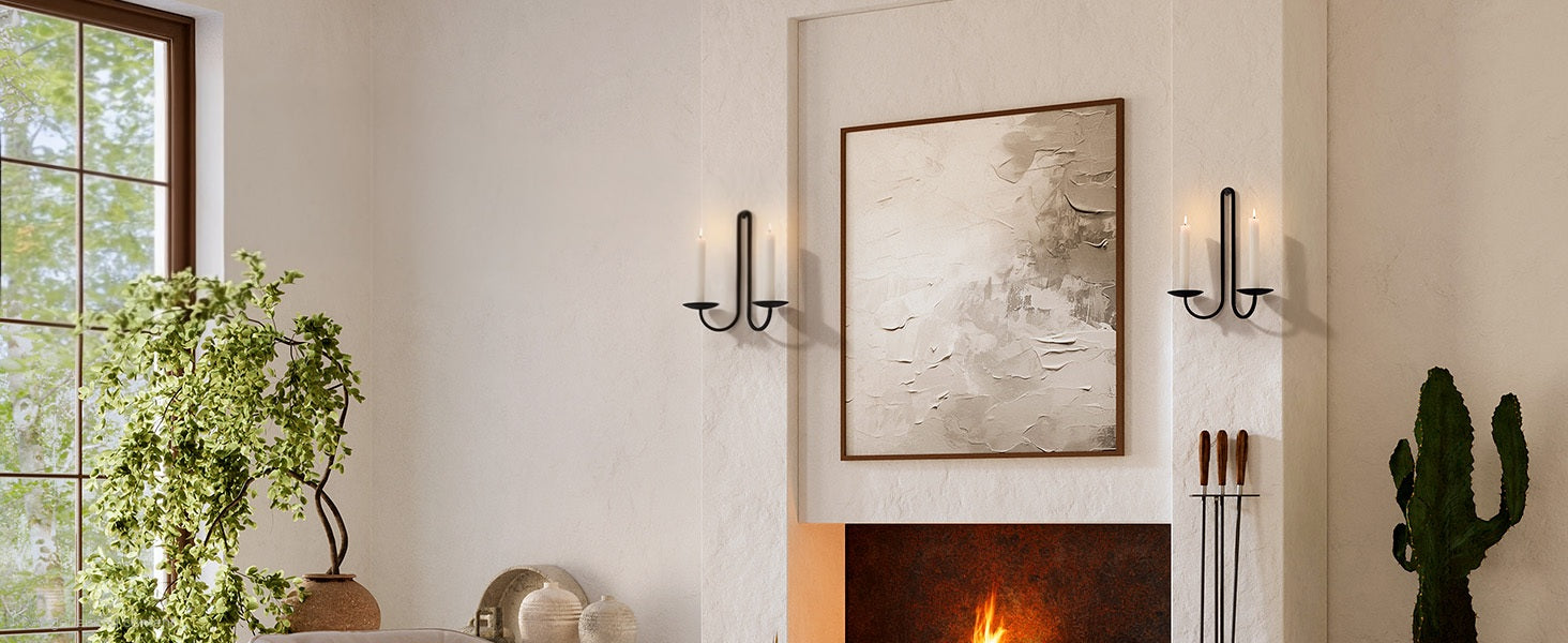 Modern living room with a fireplace, abstract painting, and decorative items.