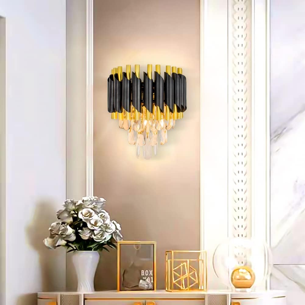 Modern wall sconce with black and gold design in a stylish interior setting.