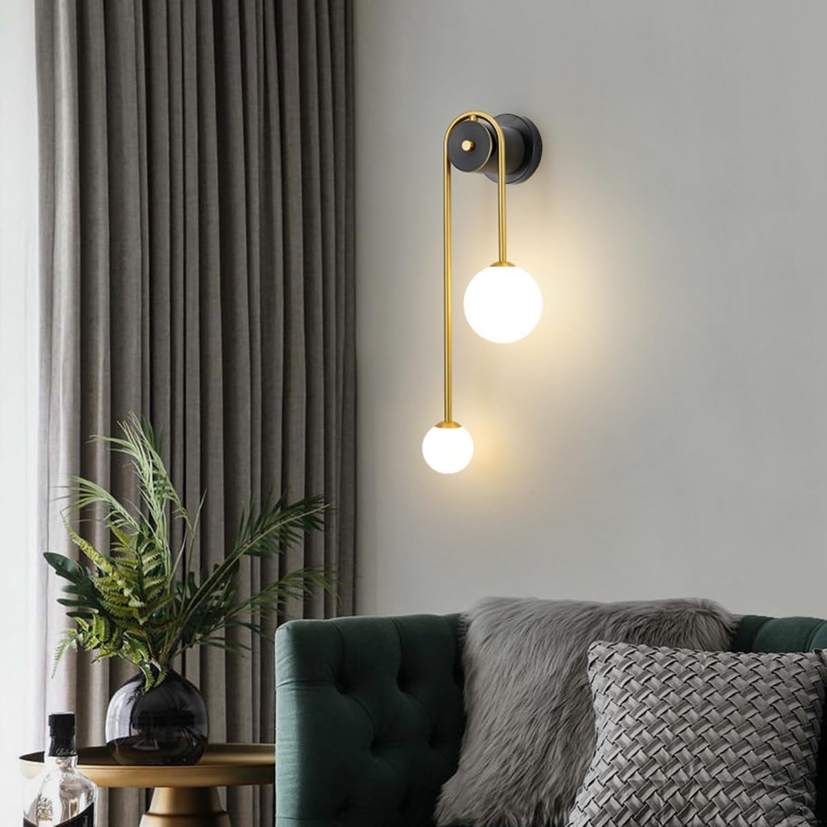 Modern wall sconce with two light bulbs in a living room setting.