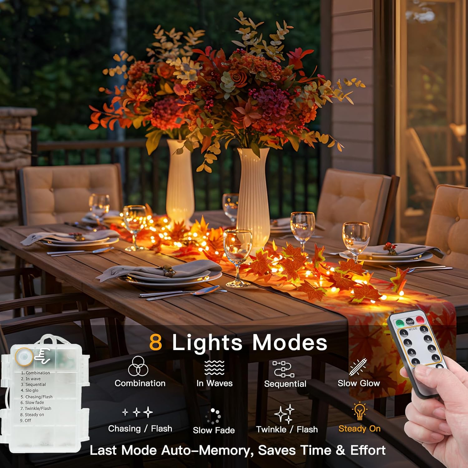 Outdoor dining table set with decorative lights and flowers, featuring a remote control with light mode options.