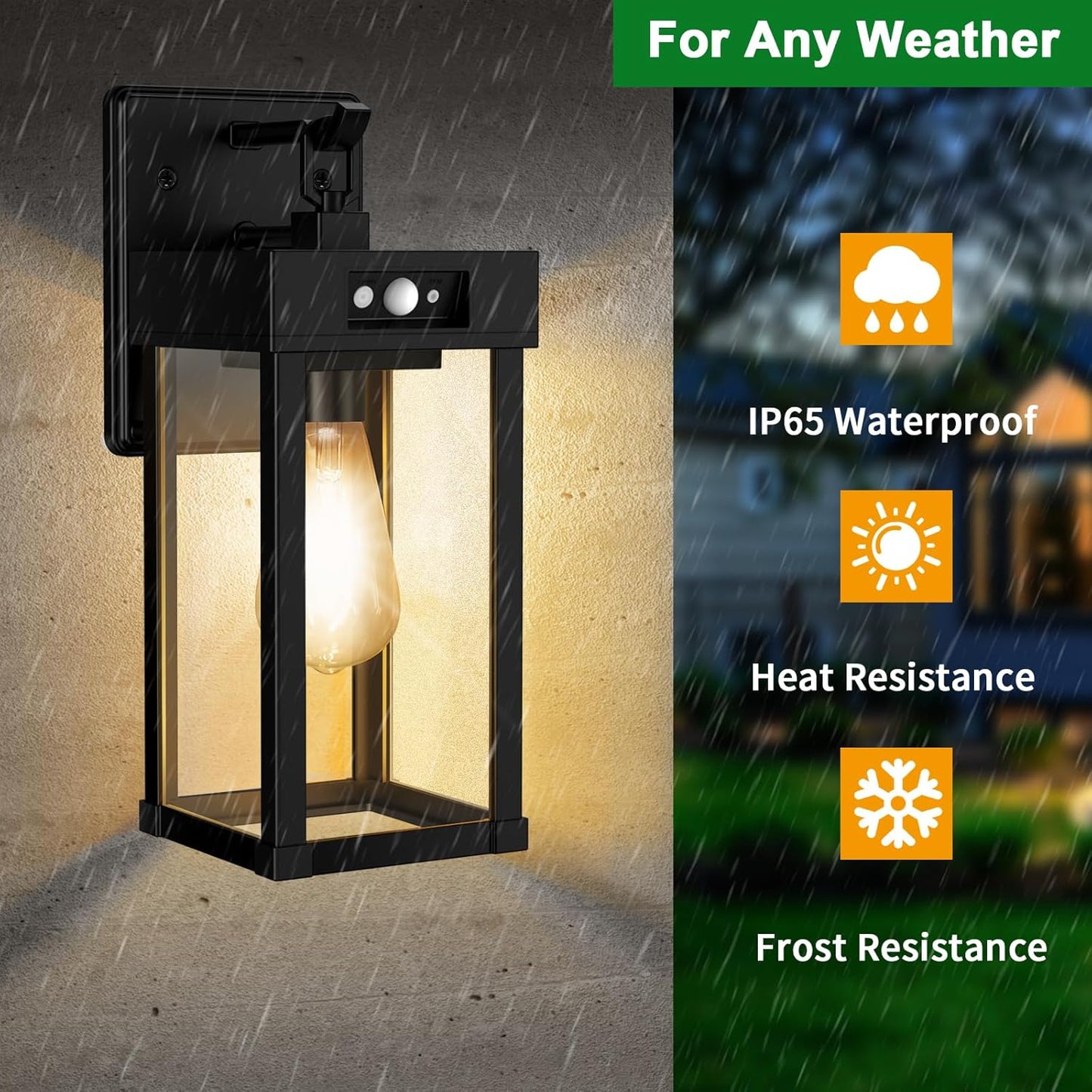 Outdoor wall light fixture with weather resistance features on a gray background