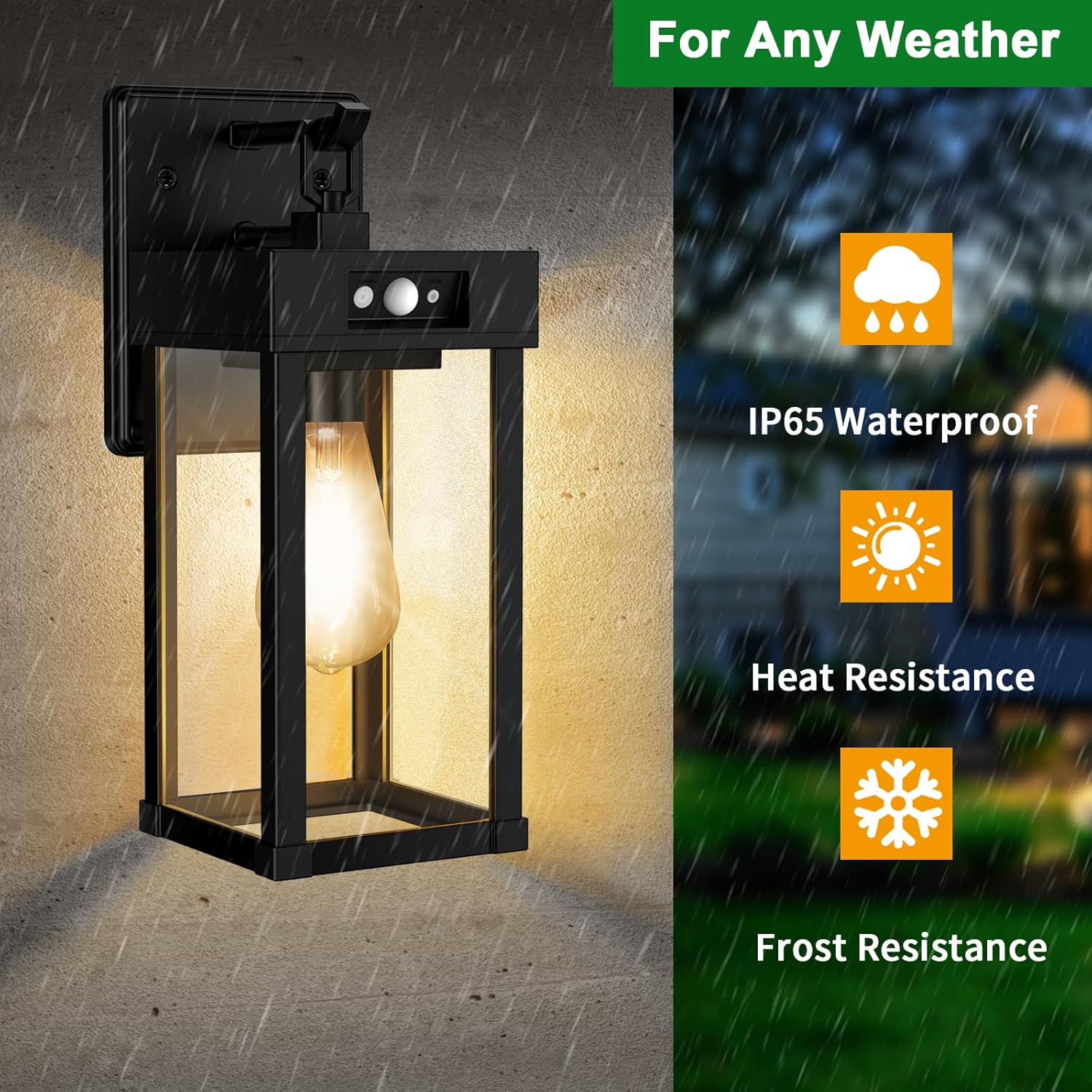 Outdoor wall light fixture with weather resistance features on a gray background