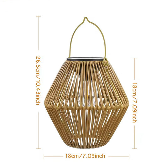 Woven rattan lantern with dimensions on a white background
