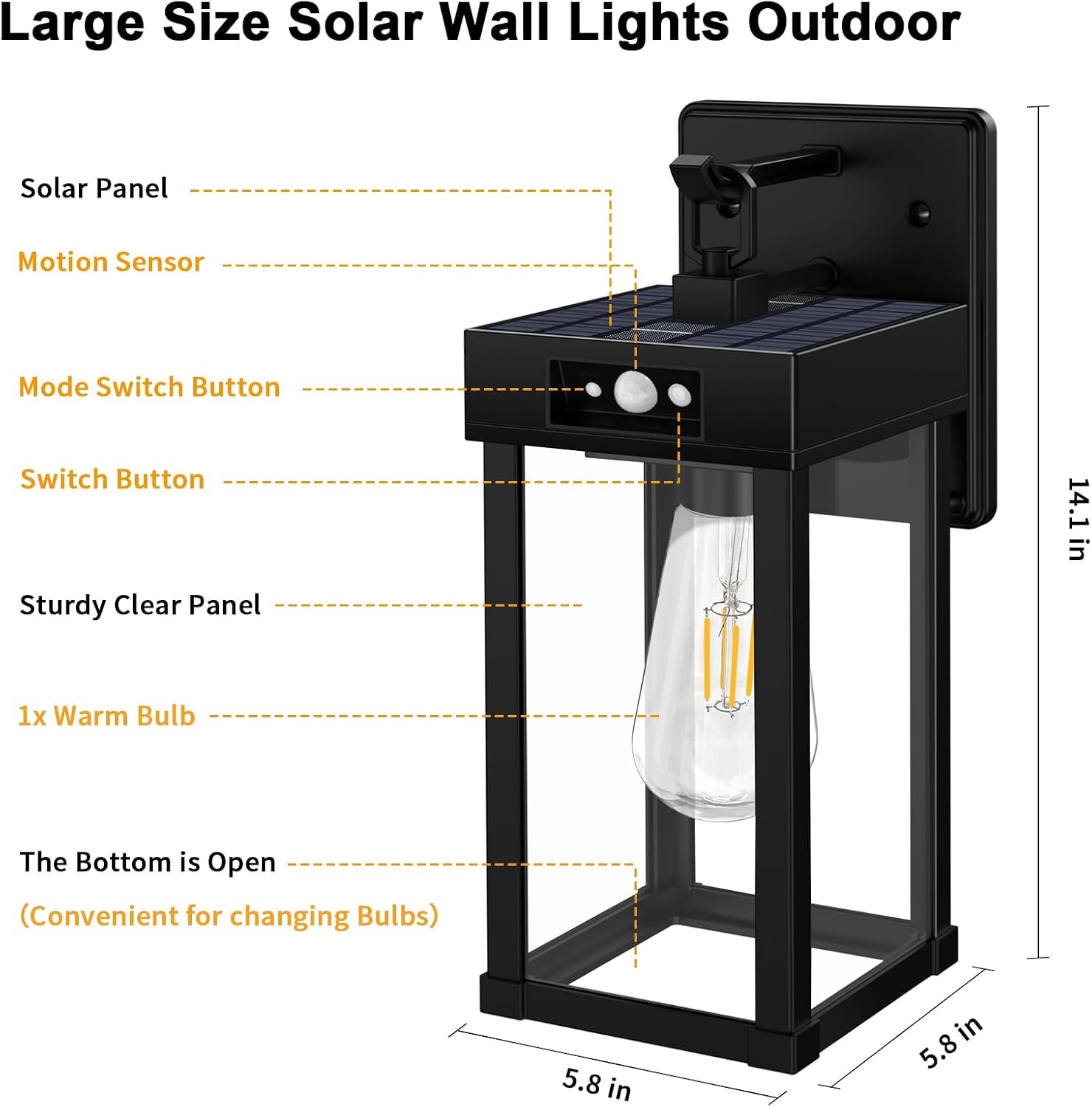 Solar wall light outdoor with labeled parts and dimensions