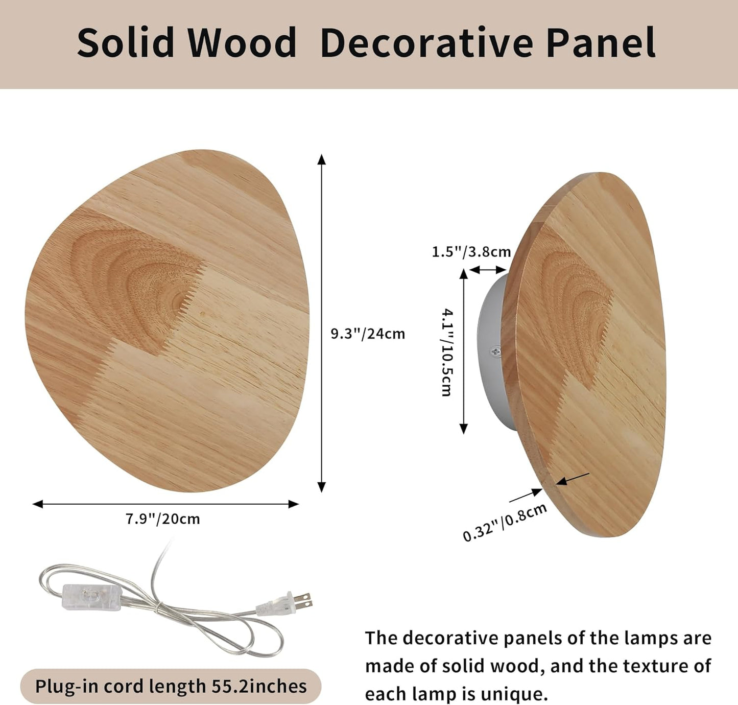 Solid wood decorative panel with dimensions and plug-in cord information on a beige background