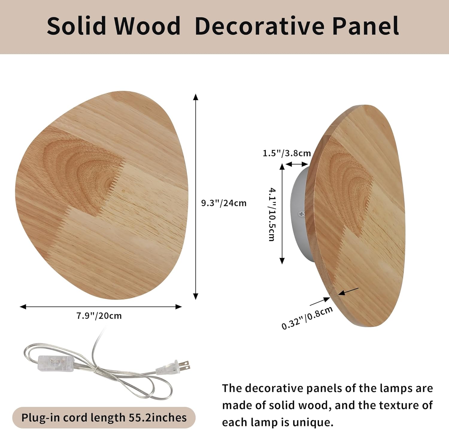 Solid wood decorative panel with dimensions and plug-in cord information on a beige background