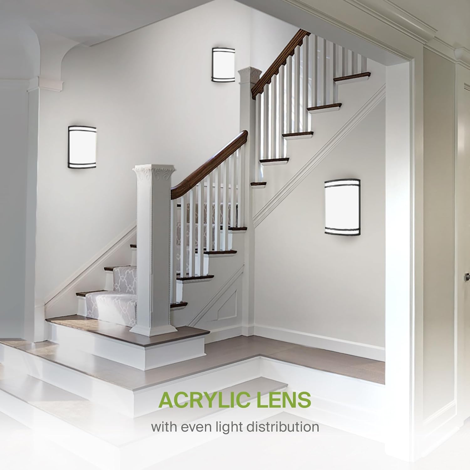 Staircase with white walls and wooden railings, featuring acrylic lens lights.