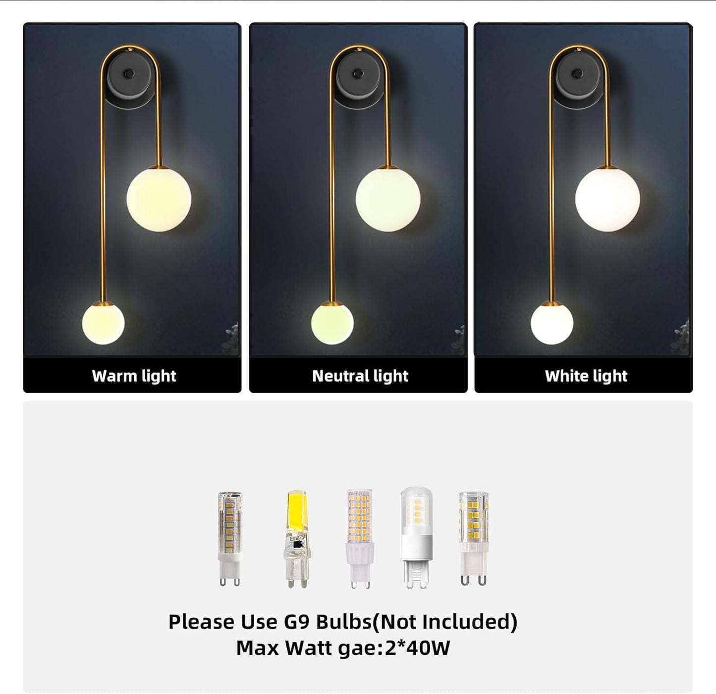 Three light fixtures showing warm, neutral, and white light on a dark background with G9 bulb compatibility indicated.