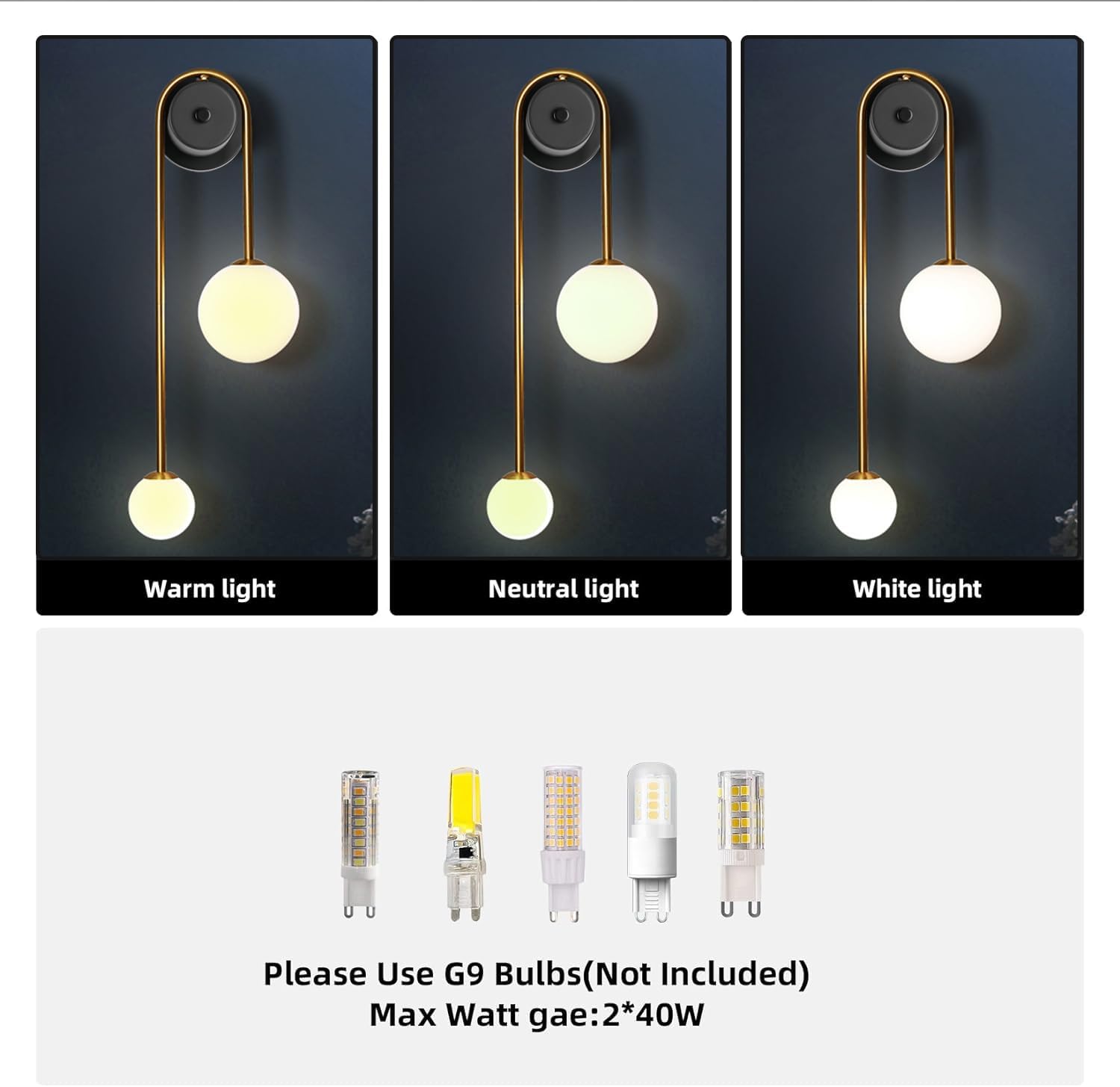 Three light fixtures showing warm, neutral, and white light on a dark background with G9 bulb compatibility indicated.