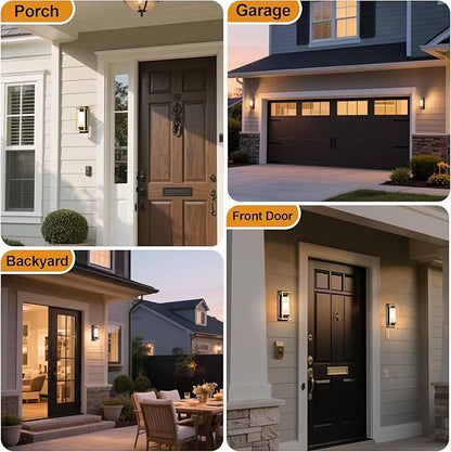 Two-pack outdoor light set displayed with mounting hardware and instruction manual.