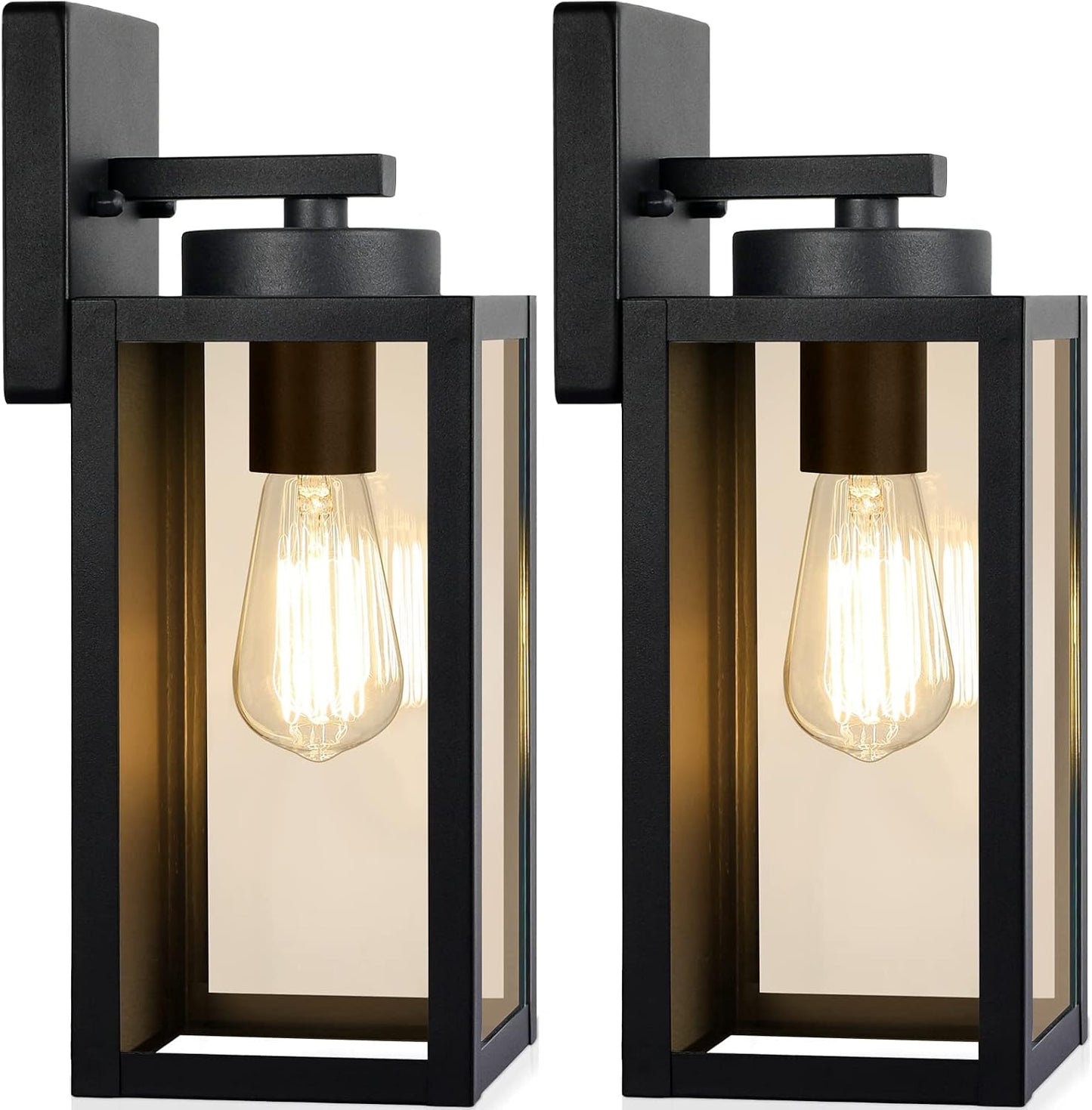 Two black outdoor wall lights with clear glass panels on a white background
