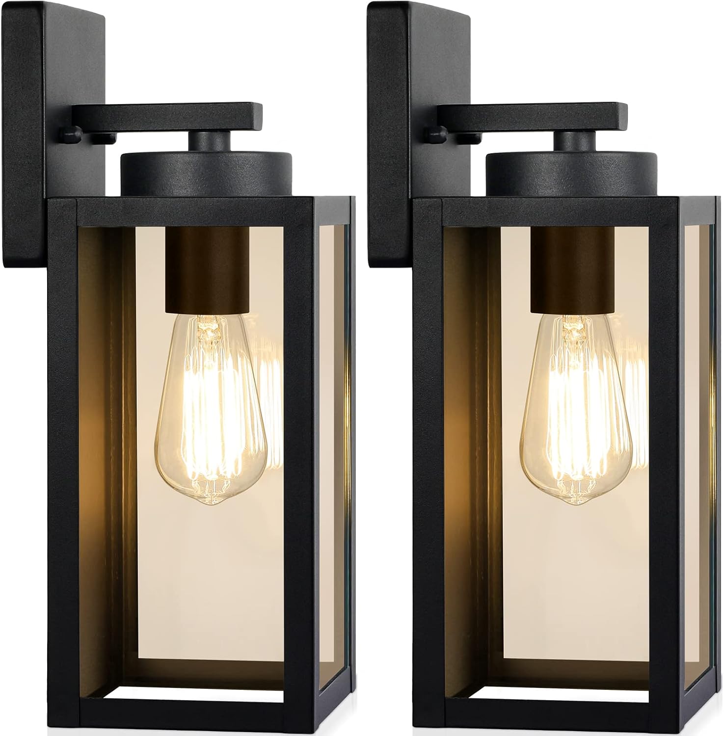 Two black outdoor wall lights with clear glass panels on a white background