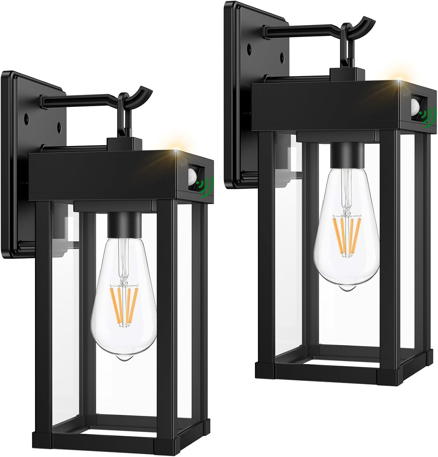 Two black wall-mounted lanterns with clear glass shades and exposed light bulbs on a white background.