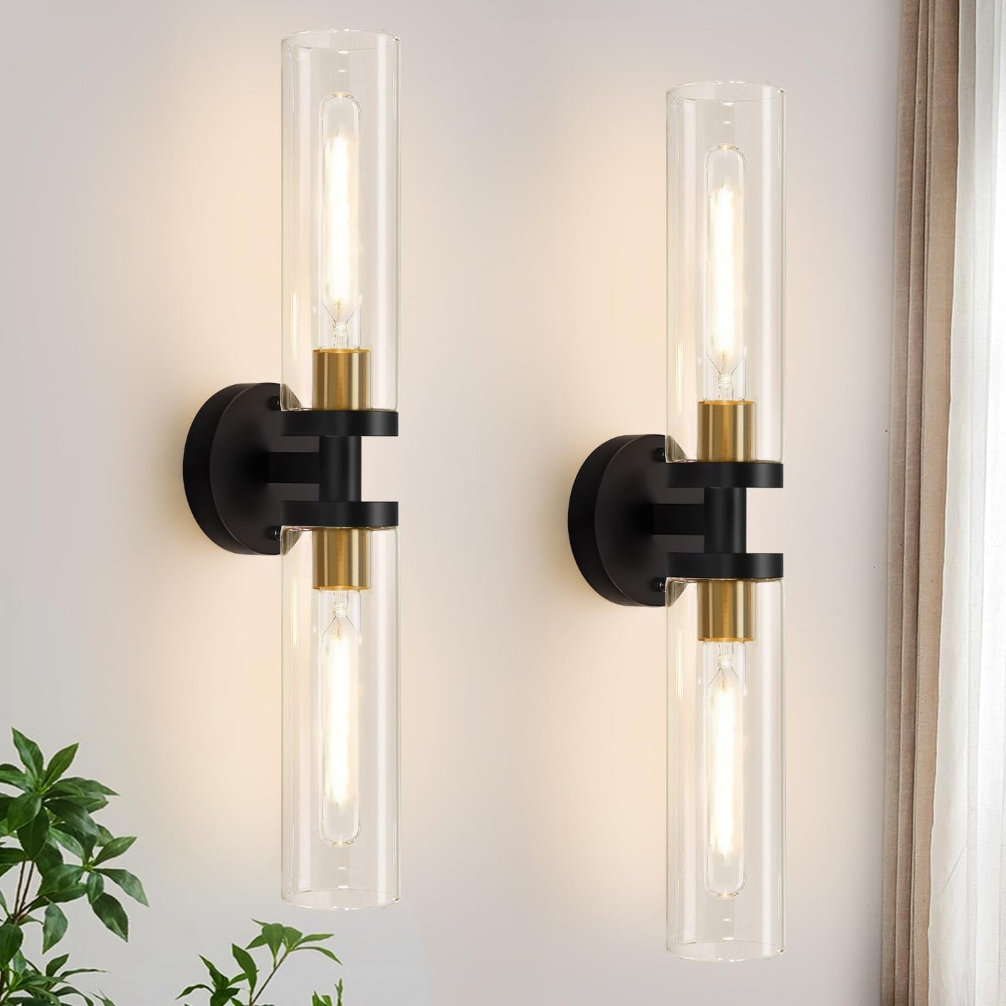 Two modern wall sconces with clear glass shades and black metal fixtures on a light gray wall.