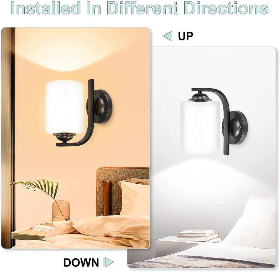 Two wall-mounted lights shown in different orientations on a bedroom wall.