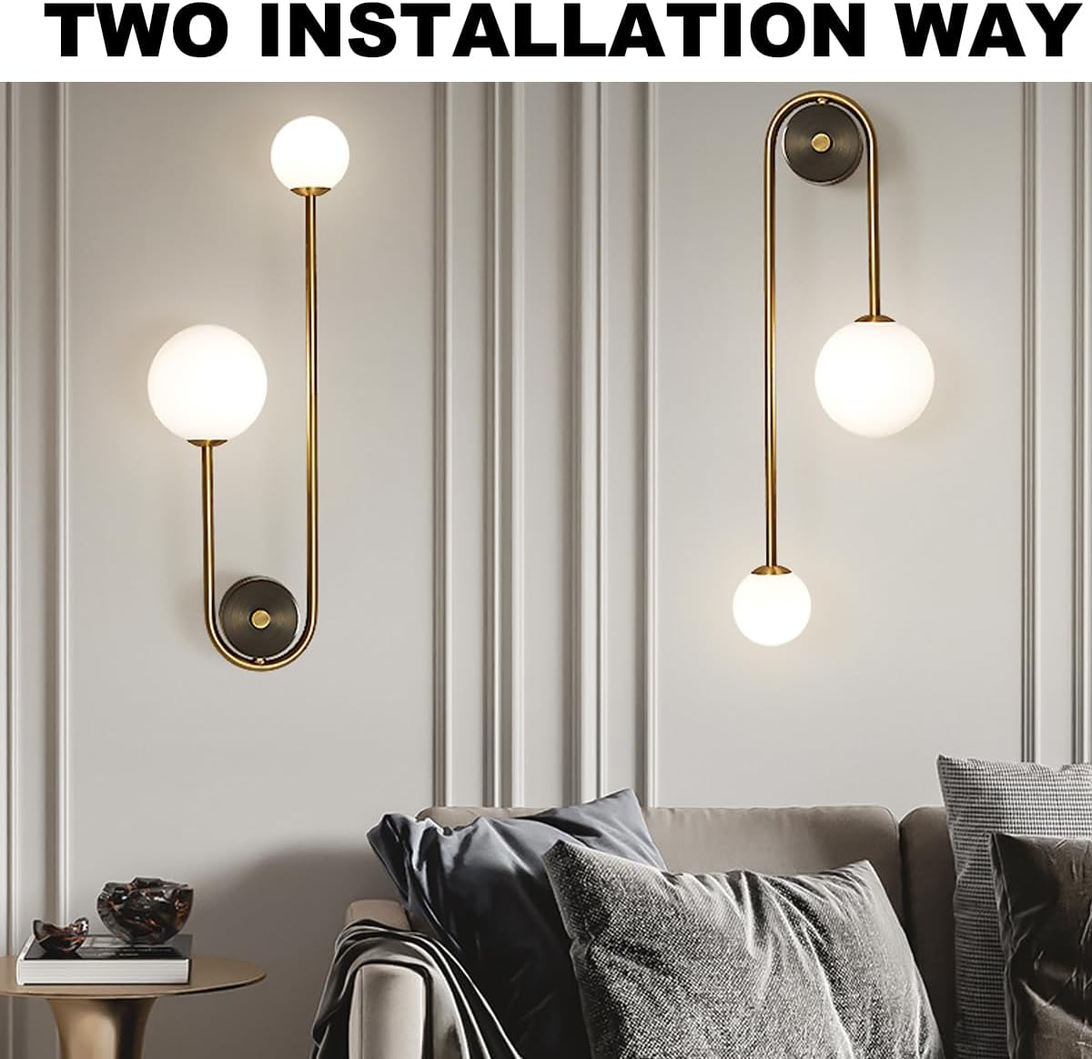 Two wall-mounted lights with a sofa and decorative items in the background.