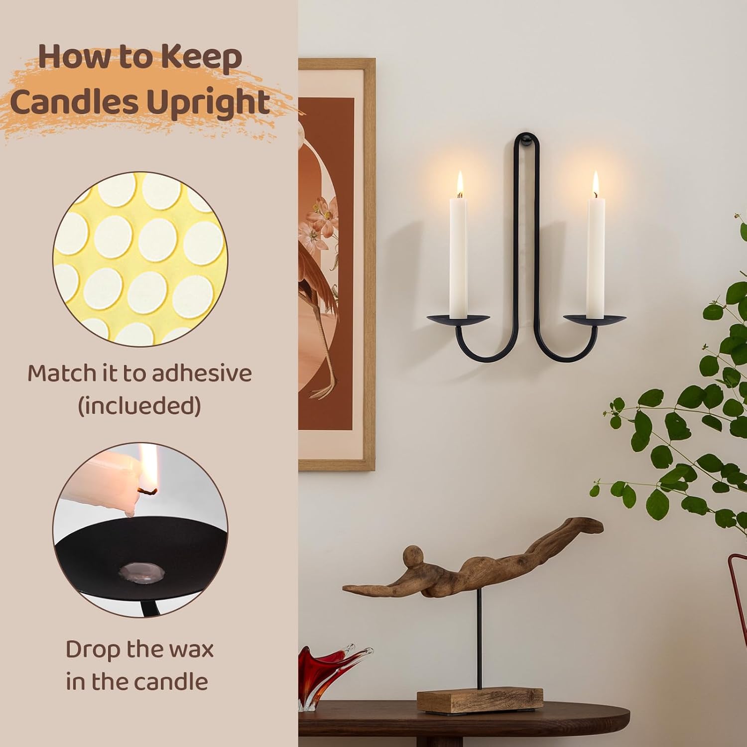 Wall-mounted candle holder with candles, decorative elements, and text on how to keep candles upright.