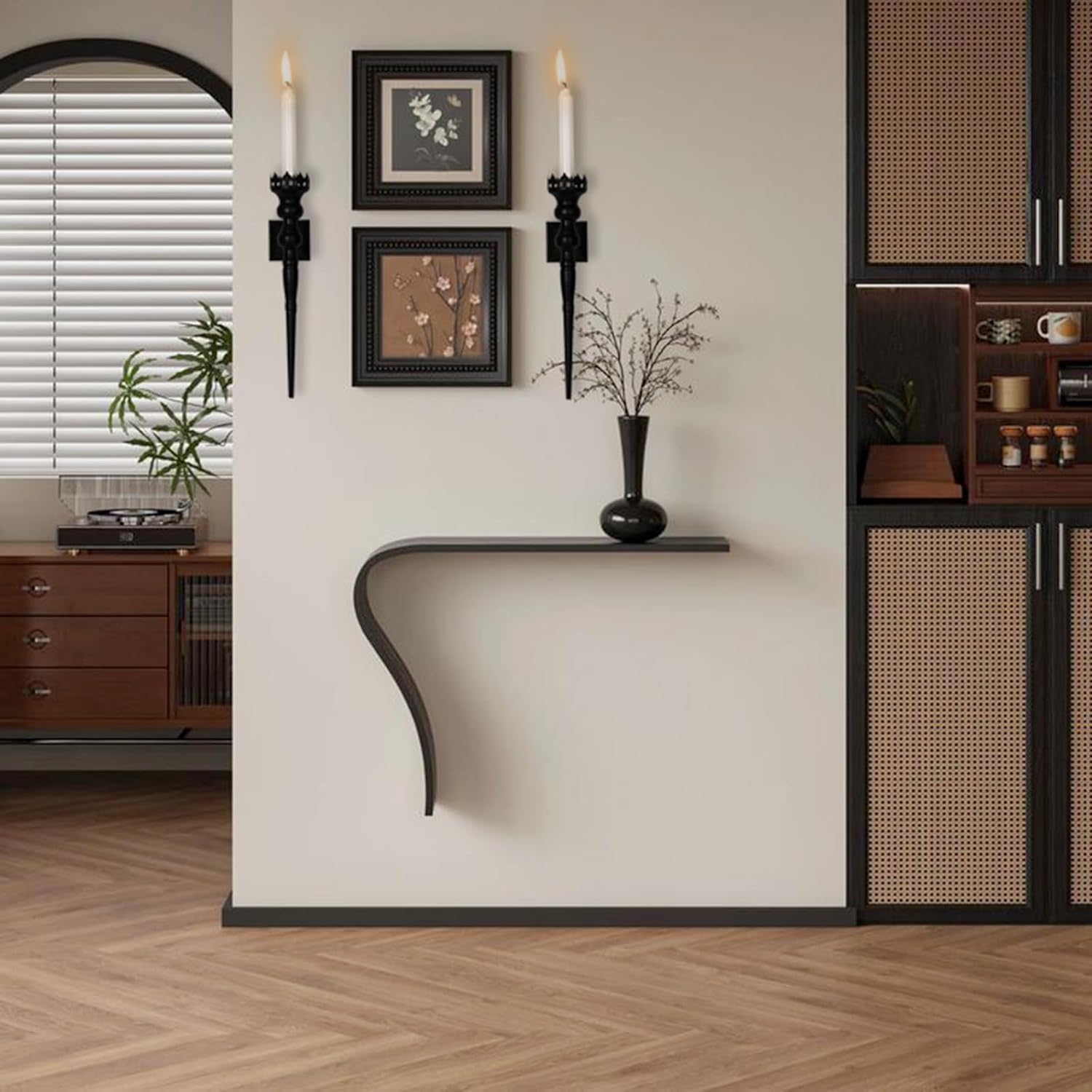 Wall-mounted console table in a room with decor elements.