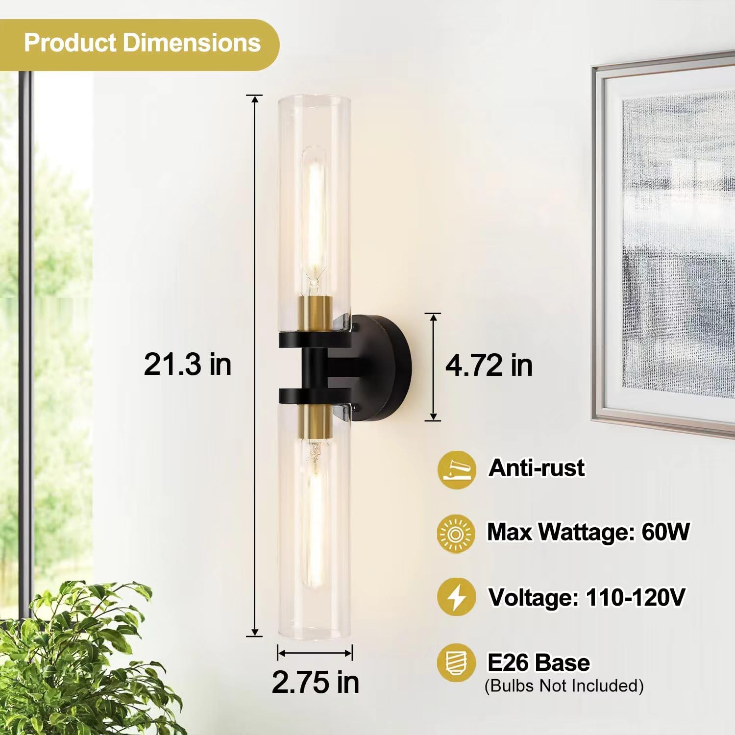 Wall-mounted light fixture with dimensions and specifications on a white wall.