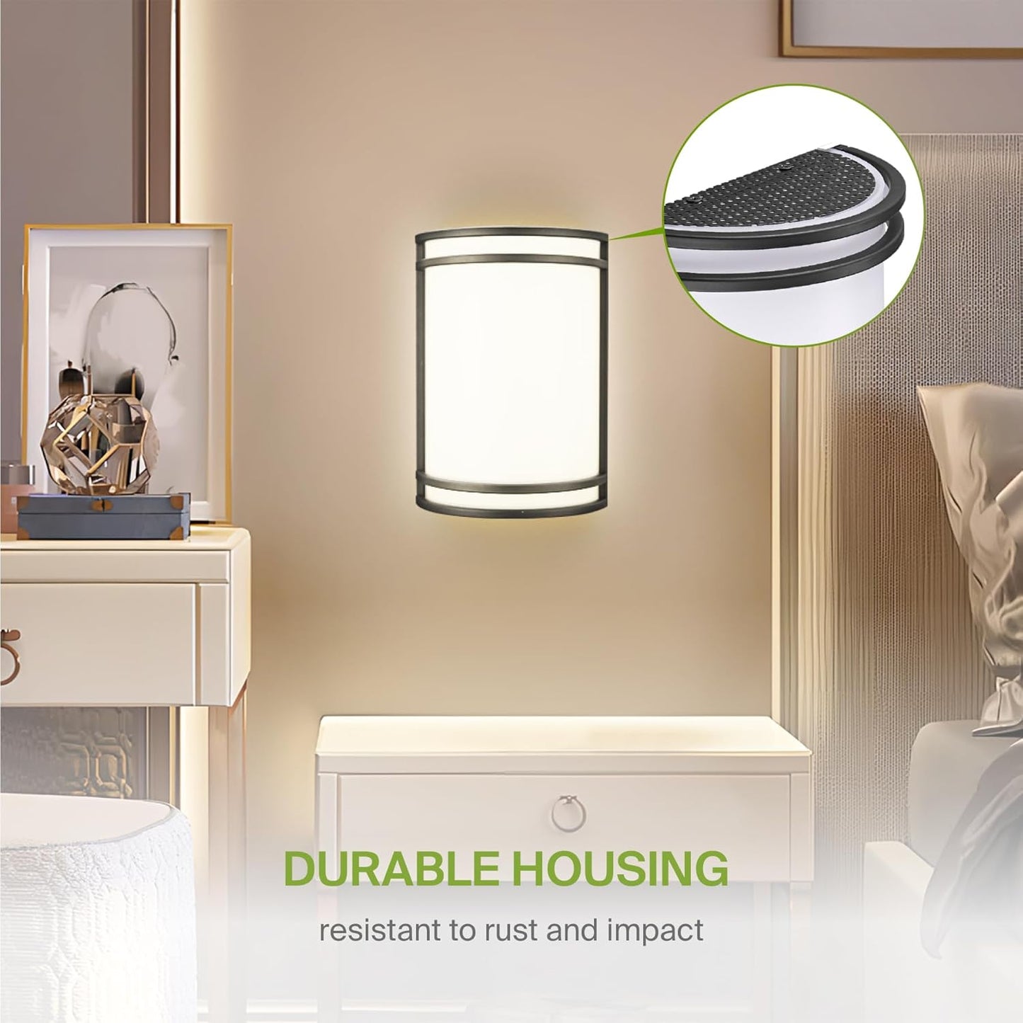 Wall-mounted light fixture with durable housing feature highlighted