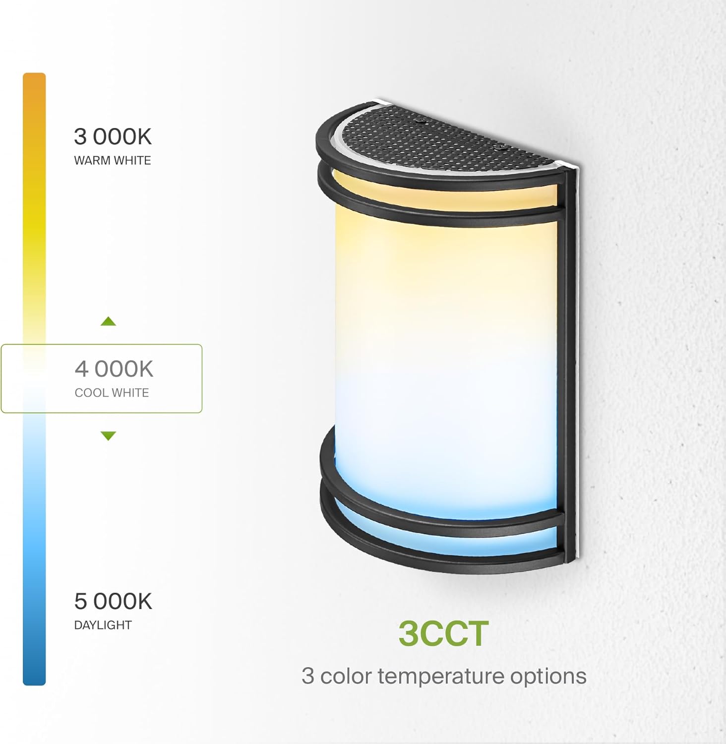 Wall-mounted outdoor light fixture with color temperature options on a white background