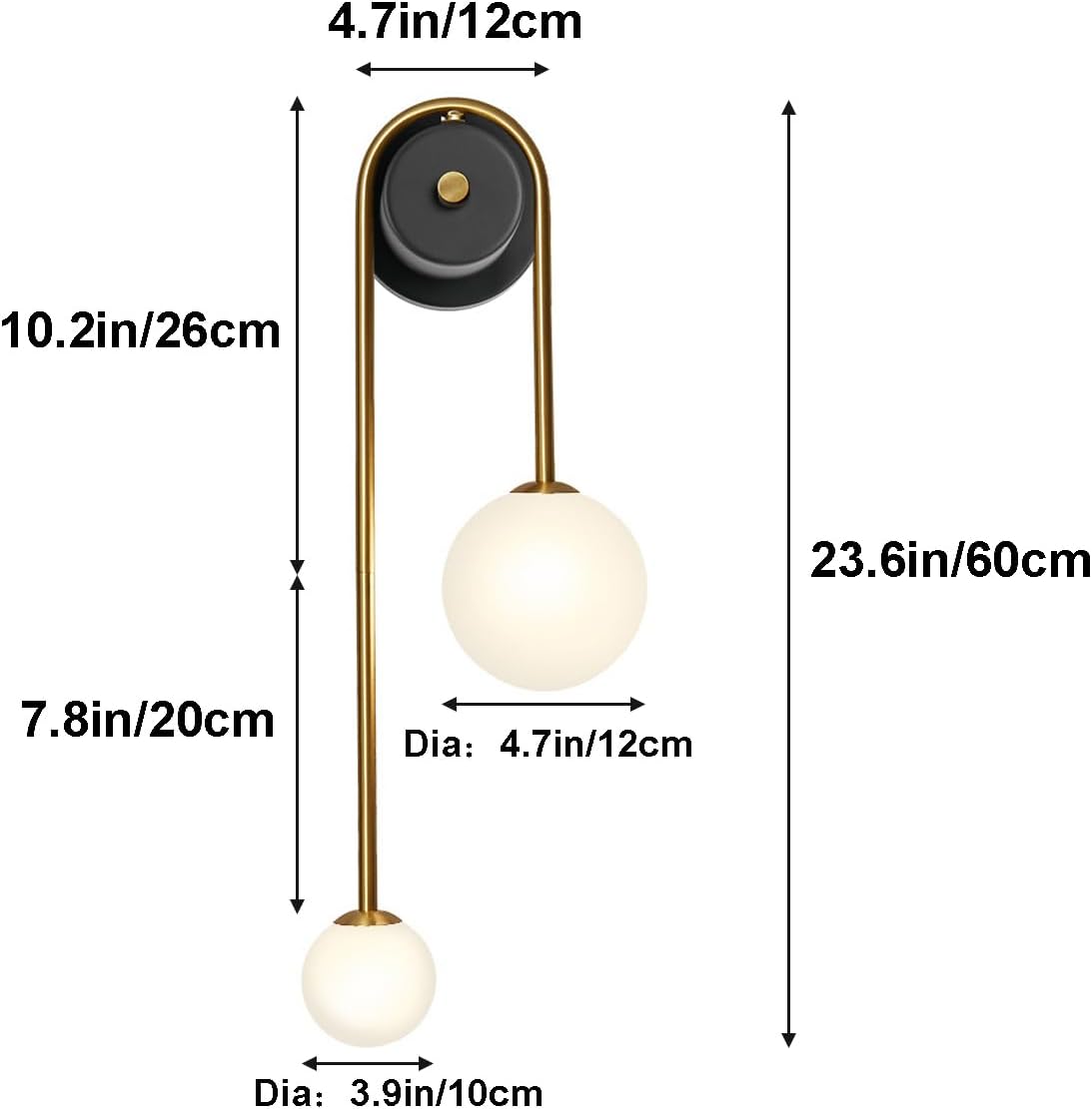 Wall lamp with measurements on a white background