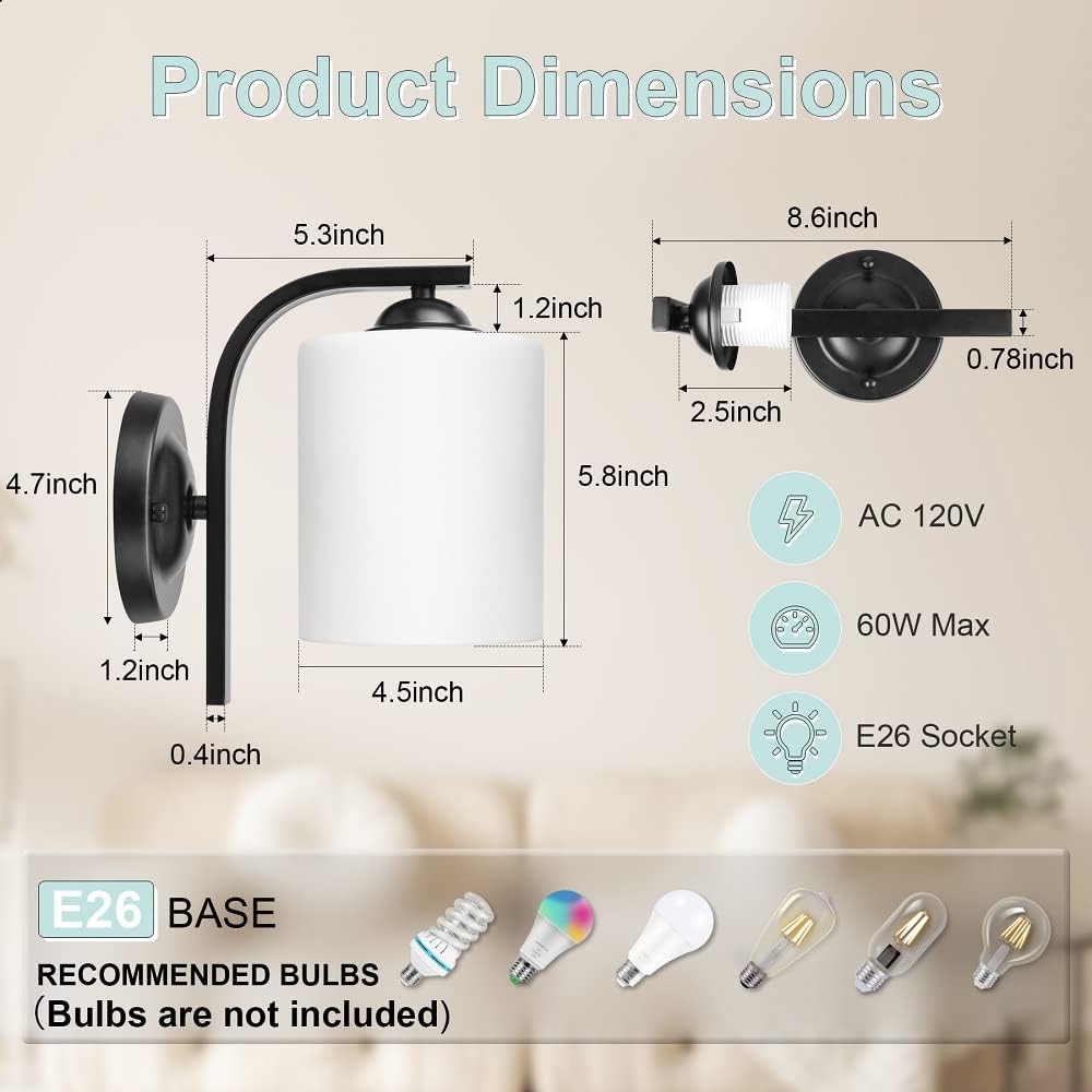 Wall sconce with dimensions and bulb compatibility information on a neutral background