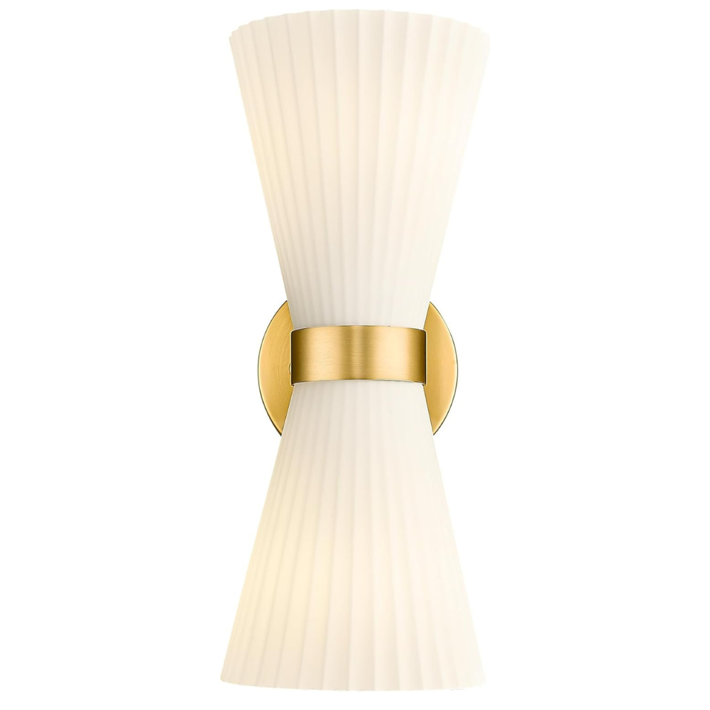 Wall sconce with ribbed design and gold accent on a white background