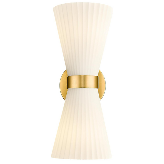 Wall sconce with ribbed design and gold accent on a white background