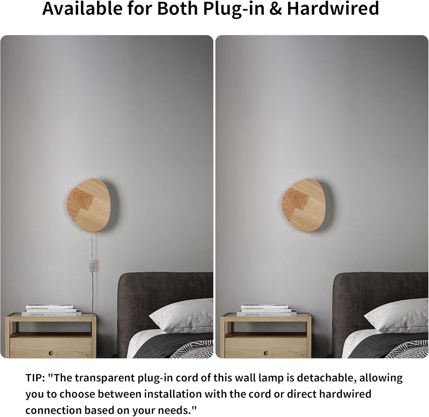 Wooden wall lamp on a gray wall with a bed in the background, showing both plug-in and hardwired options.